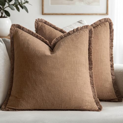 MIULEE Boho Linen Fringe Decorative Fall Throw Pillow Covers Brown 16x16 - color: Brown, size: 16" x 16" (Pack of 2)