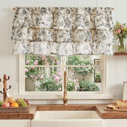 jinchan Amlie Ruffled Floral Valance Curtain 1 Panel 18 Inch Charcoal - color: Amlie Charcoal on Linen