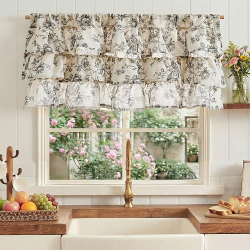 jinchan Amlie Ruffled Floral Valance Curtain 1 Panel 18 Inch Charcoal - color: Amlie Charcoal on Linen