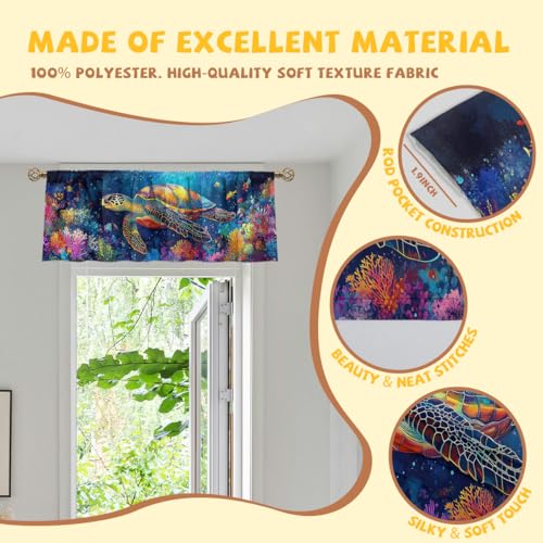 Sea Turtle Valance Curtain for Windows 2 Pack Colorful Coral Reef Iridescent Tropical Rod Pocket Window Treatments Short Curtains for Kitchen Windows Bathroom Bedroom 54x18 Inch - color: Sea Turtle
