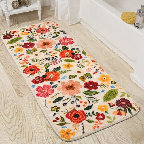 Floral Bathroom Rugs Large Long Bath Mat, Washable Bathroom Runner Rugs 24 x 60 Non Slip, Cute Flower Rug for Bathtub Floor - color: Floral Beige, size: 2' x 5' (Runner)