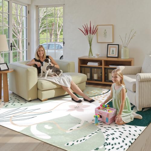 Lahome Green Machine Washable Rugs - 6x9 Rug for Living Room Non-Slip Large Boho Area Rug Lightweight Throw Non-Shed Dining Room Rug, Soft Botanical Print Floor Carpet for Bedroom Classroom Office - color: Green, size: 6' x 9' (Rectangular)