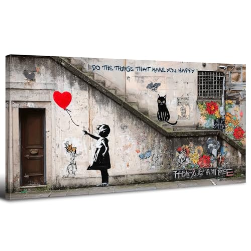 Banksy Wall Art Graffiti Wall Decor Little Girl with Red Balloon Picture for Bedroom Street Pop Art Canvas Prints Abstract Flower Black Cat Poster Modern Artwork Living Room Office Decorations 20x40" - color: LGirl, size: 40"L x 20"W