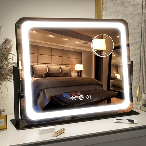 FENNIO Vanity Mirror with Lights 22"x17",LED Lighted Makeup Mirror,Large Makeup Mirror with Lights,Touch Screen with 3-Color Lighting,Led Mirror Makeup,Dimmable,for Vanity Desk Tabletop,Bedroom - color: Black, size: 22"L x 17"W