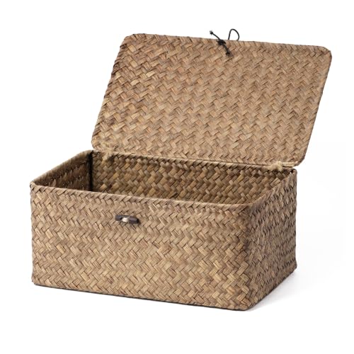 Nonam Medium Wicker Basket with Lid,Seagrass Shelf Storage Basket, Coffee - color: M-Coffee