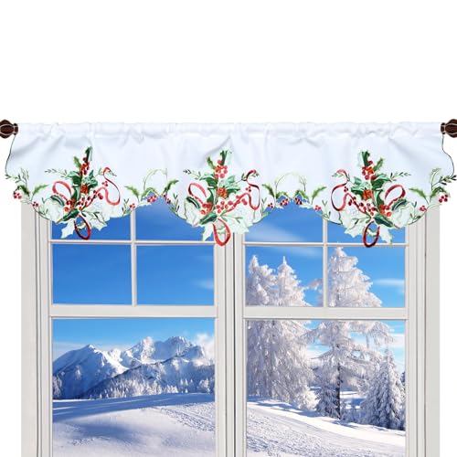 Grelucgo Embroidered Rod Pocket Kitchen Window Curtains Valance 58×14 Inches for Christmas Holidays (Holly Leaves) - color: Holly Leaves