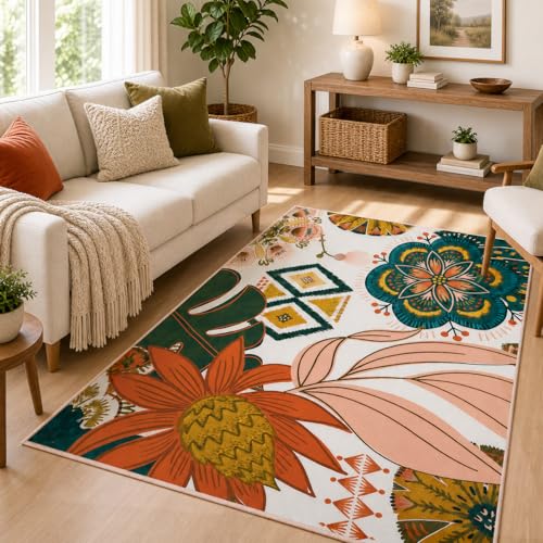 Tyrot Boho Floral 3x5 Washable Area Rug Flat Woven Ultra-Thin Low Pile Rug Non Slip Indoor Rug for Living Room, Bedroom, Entryway, Nursery, Dorm, Blush Pink - color: Blush Pearl, size: 3' x 5' (Rectangular)