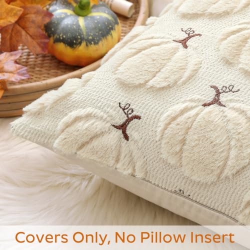 Artscope Pumpkin Fall Throw Pillow Covers 20x20 Set of 2, Autumn Soft Plush Faux Fur Decoration Cushion Covers for Thanksgiving Holiday Couch Sofa Bedroom Home Decor-Beige - color: Beige Pumpkin, size: 20" x 20" (Pack of 2)