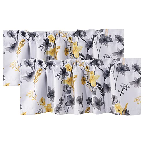 H.VERSAILTEX 100% Blackout Curtain Valances for Kitchen Windows 2 Panels Set Cattleya Floral Printed Leah Floral Thermal Insulated Rod Pocket Valances for Windows, 52" x 18", Grey/Yellow - color: Grey/Yellow, size: 52"W x 18"L (Pack of 2)