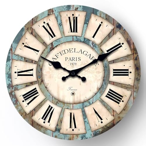 Rustic Wood Silent Wall Clocks Battery Operated 12 Inch - color: Blue1, size: 12 Inch