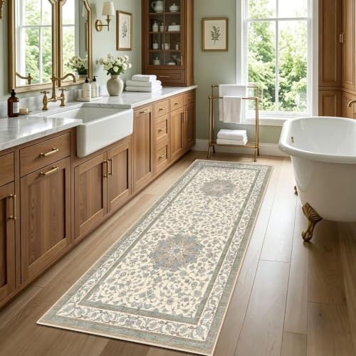 Arenarug Washable 2x6 Rug Runner for Hallway, Cream Blue Distressed Vintage Floral Non Slip Kitchen Rug, Soft Low Pile Carpet Runner for Laundry Room, Bathroom, Bedroom - color: Cream Blue, size: 2' x 6' (Runner)