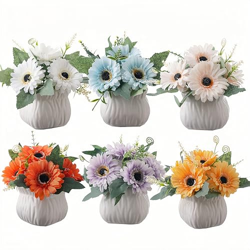 6PCS Artificial Sunflower with Ceramic Vases – Centerpiece Table Decoration - color: Sunflower-multicolor