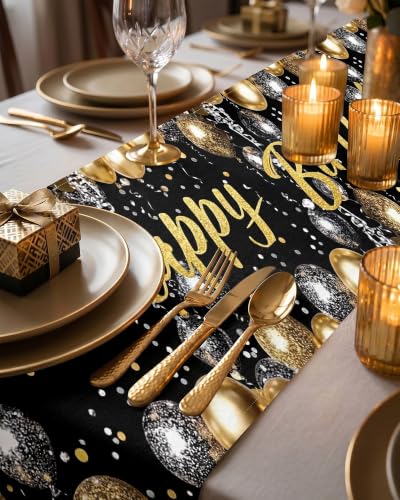 Happy Birthday Table Runner Set, 2 Banners, Black Gold, 13 x 72 in - color: Black Suit