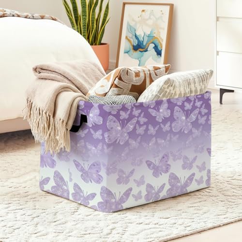 Purple Butterfly Laundry Hamper 56L Large Storage Bin with Handles - color: Purple Butterfly