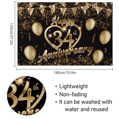 Happy 34th Anniversary Backdrop Party Decorations, Black Gold Glitter Bokeh Dots Valentine's Day Wedding Anniversary Party Photo Background Cake Table Banner Extra Large Wall Decor Props. 6 * 4ft (34) - color: 34
