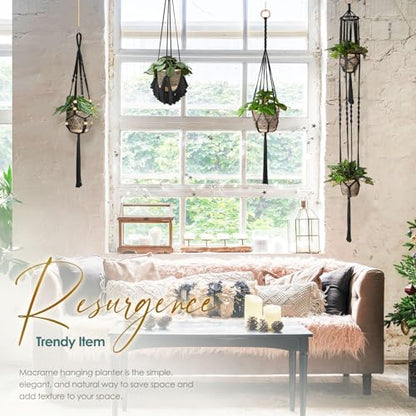 Macrame Plant Hanger Indoor Set of 4, Bohemian Hanging Planter with Tassels - color: Black