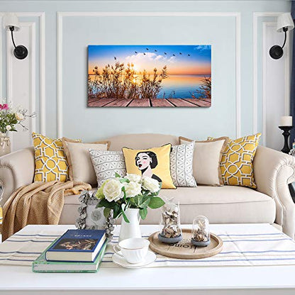 MHARTK66 Ocean Canvas Wall Art for Living Room, Coastal Bedroom 40"x20" - color: Blue Sunrise Scenery (Wrapped Canvas), size: 40"L x 20"W