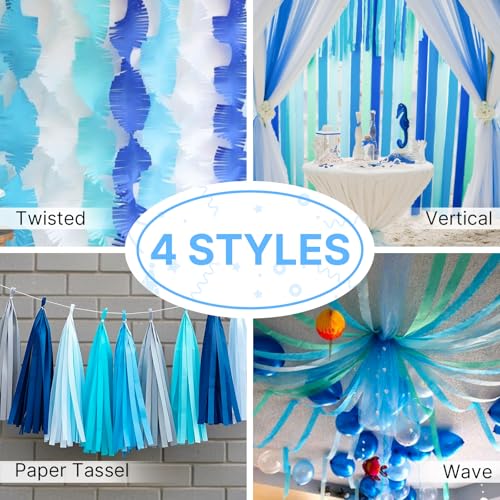 PartyWoo White and Blue Crepe Paper 4pcs 328 FT Pearl Light White Streamers - color: Blue White-9623