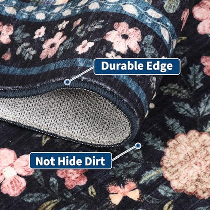 GarveeHome 2x6 Washable Floral Runner Rug Non-Slip Hallway Dark Grey Blue - color: Dark Grey Blue, size: 2' x 6' (Rectangular)