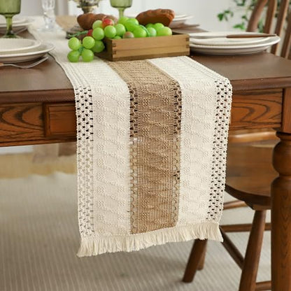 Simple&Opulence Boho Macrame Table Runner - 12 x 60 Inch, Splicing Burlap Farmhouse Cotton Table Runner with Fringed Edges for Bohemian Rustic Wedding, Bridal Shower, Dinner （White & Brown） - size: 12"x60", style: Brown