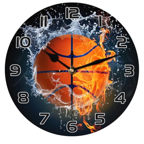 Fire Water Basketball Wall Clock Battery Operated 10 in Round Wall Clocks Slilent Non Ticking Quartz Analog Clock for Bedroom Kids Living Room Classroom Decor - color: Fire Water Basketball