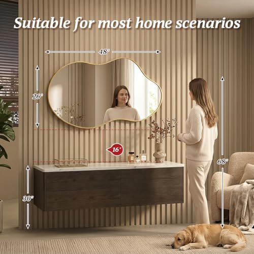 Irregular Asymmetrical Wall Mirror 26x48" with Modern Aluminum Alloy Frame - color: Gold, size: 26"L x 48"W