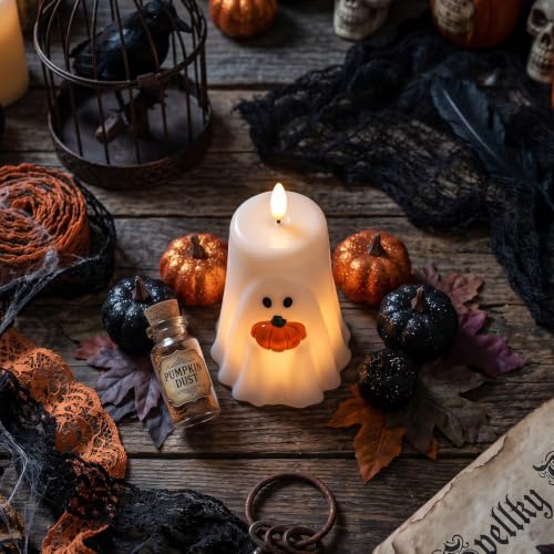 GenSwin Halloween Ghost Flameless Candle Remote Battery Operated Candle - color: Ghost Pumpkin