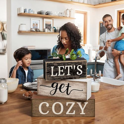 Moucuny 4 Pcs Farmhouse Table Decor Inspirational Wood Signs Let's Get Cozy - style: Let's Get Cozy