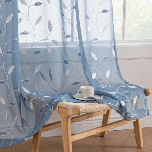 MIULEE Dusty Blue Sheer Curtains 2 Panels Leaf Patterned, W52 x L96 - color: Dusty Blue, size: 52"W x 96"L (Pack of 2)