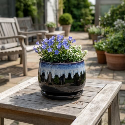 Ceramic Plant Pots 7 Inch, Ceramic Planter with Saucer, Black-Blue - size: 7 Inch, style: Black-blue