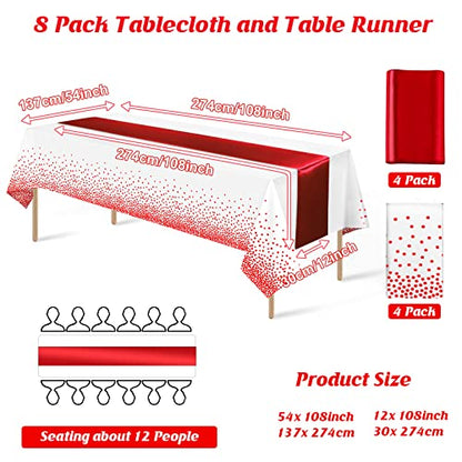 8Pack Disposable Plastic Tablecloths and Satin Table Runner Set White and Red Dot Tablecloth Red Satin Table Runner for Wedding Birthday Baby Shower Anniversary Christmas New Year Party Supplies - color: White and Red, size: 8 Pack