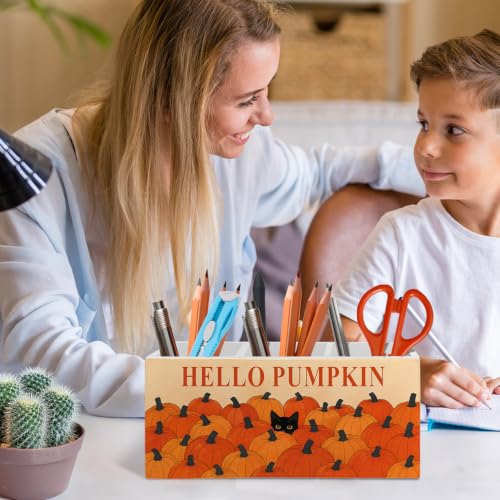Fall Pumpkin Black Cat Pen Pencil Holder Organizer for Desk - color: Fall cat