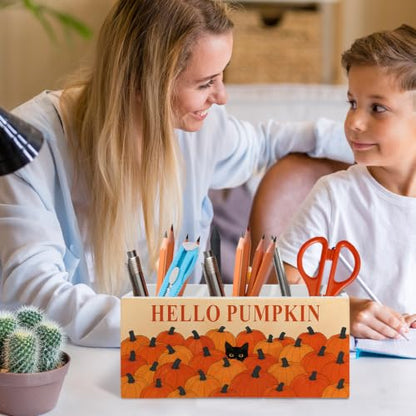 Fall Pumpkin Black Cat Pen Pencil Holder Organizer for Desk - color: Fall cat