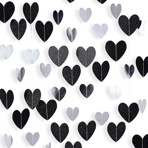 Black-Silver Birthday Party Decoration - Heart Garland Streamers Graduation Decorations 2026 Men Birthday New Years Eve Hanging Backdrop,Engagement Wedding Bachelorette Banner Supplies Decor Garsellen - color: Glitter Black White