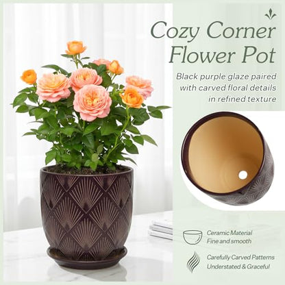 7.2 Inch Modern Ceramic Glaze Plant Pot with Drainage Hole,Mesh Net,Saucer,Indoor Outdoor Planter(Fan-Dark Purple) - color: Fan-dark Purple