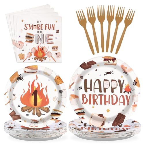 Grencian 96 Pcs S'Mores Camping Birthday Party Decorations,Serves 24 - style: Camping 1st Kit