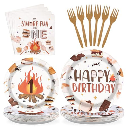 Grencian 96 Pcs S'Mores Camping Birthday Party Decorations,Serves 24 - style: Camping 1st Kit
