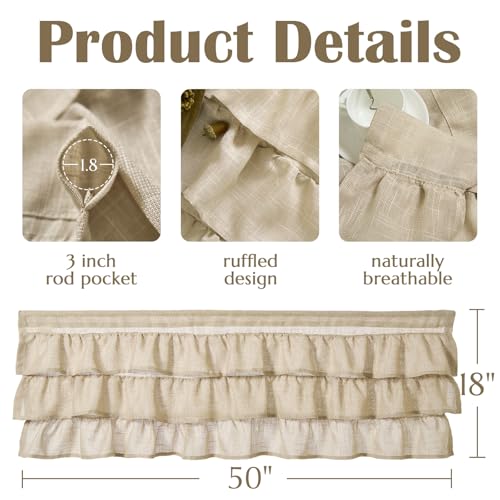 jinchan Ruffled Window Valance Curtain, 18 Inch, 1 Panel, Warm Beige - color: 3-tier Ruffle | Warm Beige, size: 50"W x 18"L (Pack of 1)