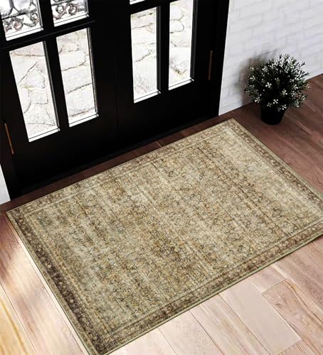 CHAMPLANT Area Rug 2x3 Washable Rug Door Mat Vintage Distressed Taupe Doormat Indoor Entrance Traditional Thin Floral Print Non Slip Carpet for Kitchen Bathroom Bedroom Living Room - color: Green and Brown, size: 2' x 3' (Rectangular)