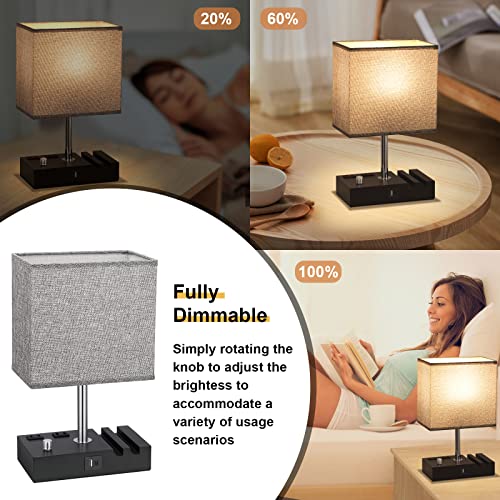 Bedside Table Lamp for Bedroom Nightstand - Stepless Dimmable, 2 AC Outlets - color: Wood Grain, size: 1 Pack