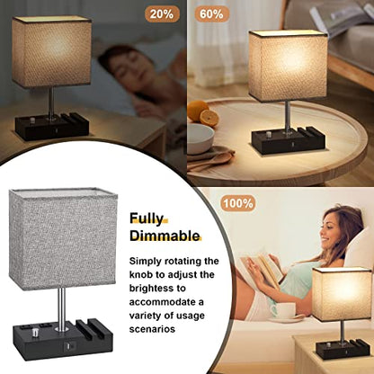 Bedside Table Lamp for Bedroom Nightstand - Stepless Dimmable, 2 AC Outlets - color: Wood Grain, size: 1 Pack