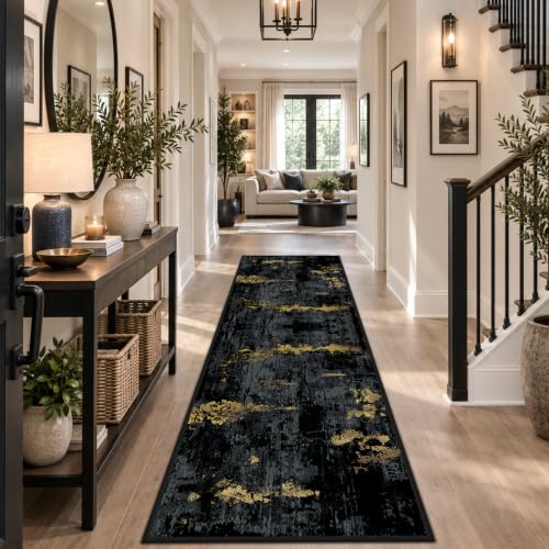 RELEANY Washable Runner 2'x8' Abstract Area Rug for Hallway Black Gold - color: Black/Gold, size: 2' x 8' (Runner)