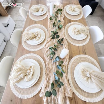 FAVE Boho Oval Woven Placemats Set of 6, Washable Table Mats with Tassels - color: Beige