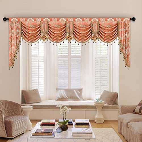 ELKCA European Style Waterfall Valance for Bedroom Damask Coffee Curtain Valance for Living Room Jacquard Curtains,Rod Pocket,1 Panel (Damask-Coffee, W118) - color: Valance,damask-coffee, size: 118"W x 43"L (Pack of 1)