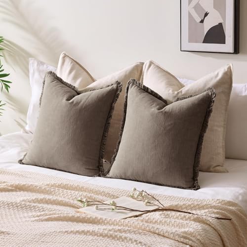 Linen Fringe Throw Pillow Covers 18x18 Inch Set of 2,Coffee - color: Coffee, size: 18" x 18" (Pack of 2)