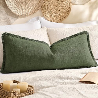 100% Cotton 14x36 Inch Lumbar Pillow Cover with Fringe 1 Pack, Olive Green - color: A-olive Green, size: 36" x 14" (Pack of 1)