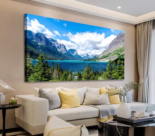 Landscape Saint Mary Lake Canvas Wall Art for Living Room Wall Decor Glacier National Park Canvas Pictures Blue Sky Mountain Forest Nature Scene Painting Artwork Home Office Decorations 20" x 40" - color: Glacier Nature Landscape, size: 40"L x 20"W