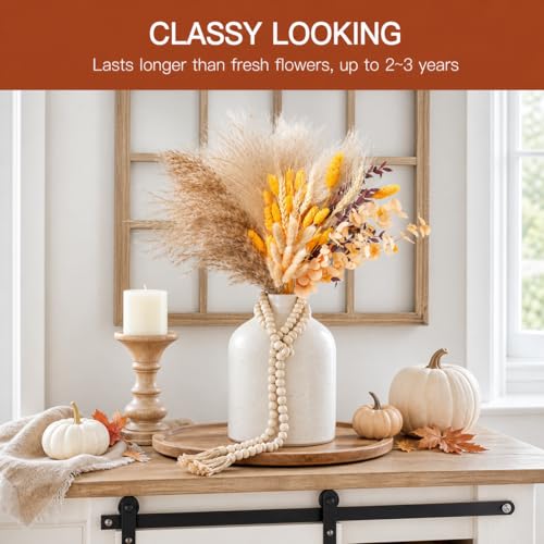 Orange Pampas Grass Dried Flower Bouquet (95 Pcs, 17") - Fluffy Boho Fall Decorations for Home, Autumn Floral Table Centerpiece for Thanksgiving & Room Decor