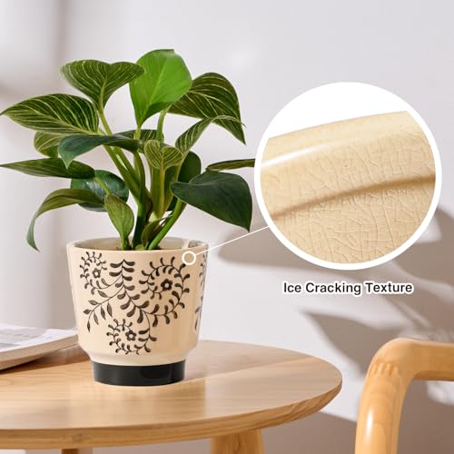 STHIE Indoor Ceramic Plant Pots with Drainage Holes, 5 Inch, Leaf Design - color: Beige-rattan