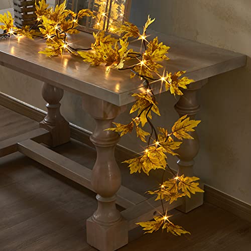 LITBLOOM Lighted Fall Garland with Timer 6FT 24 Warm White LED, Maple Leaf Vine with Lights Battery Operated for Mantle Fireplace Autumn Thanksgiving Harvest Decoration Indoor Outdoor - style: Yellow Maple
